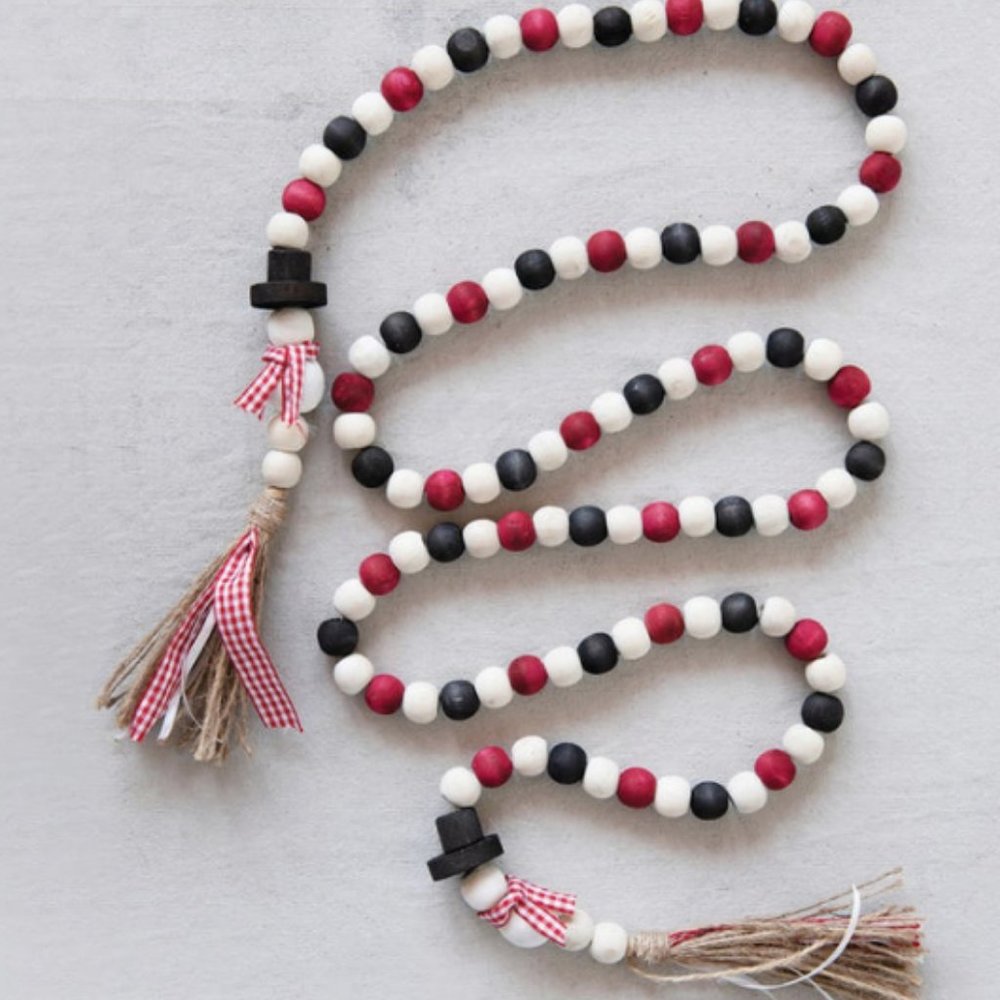 NWT Snowmen Distressed Wood Bead Garland with Tassels  -   72” - Picture 2 of 8